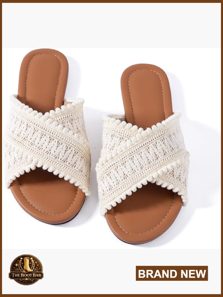 Woven Crisscross Flat Sandals With Pom Pom Trim - Womens Boho Slides